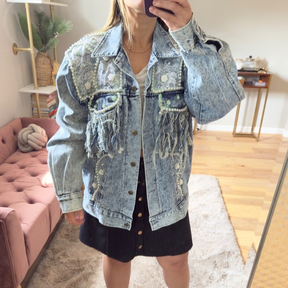 K.W.B.L Vtg 80s Oversized Embellished Denim Jacket Acid Wash Lace Pearl Boho - Picture 1 of 11